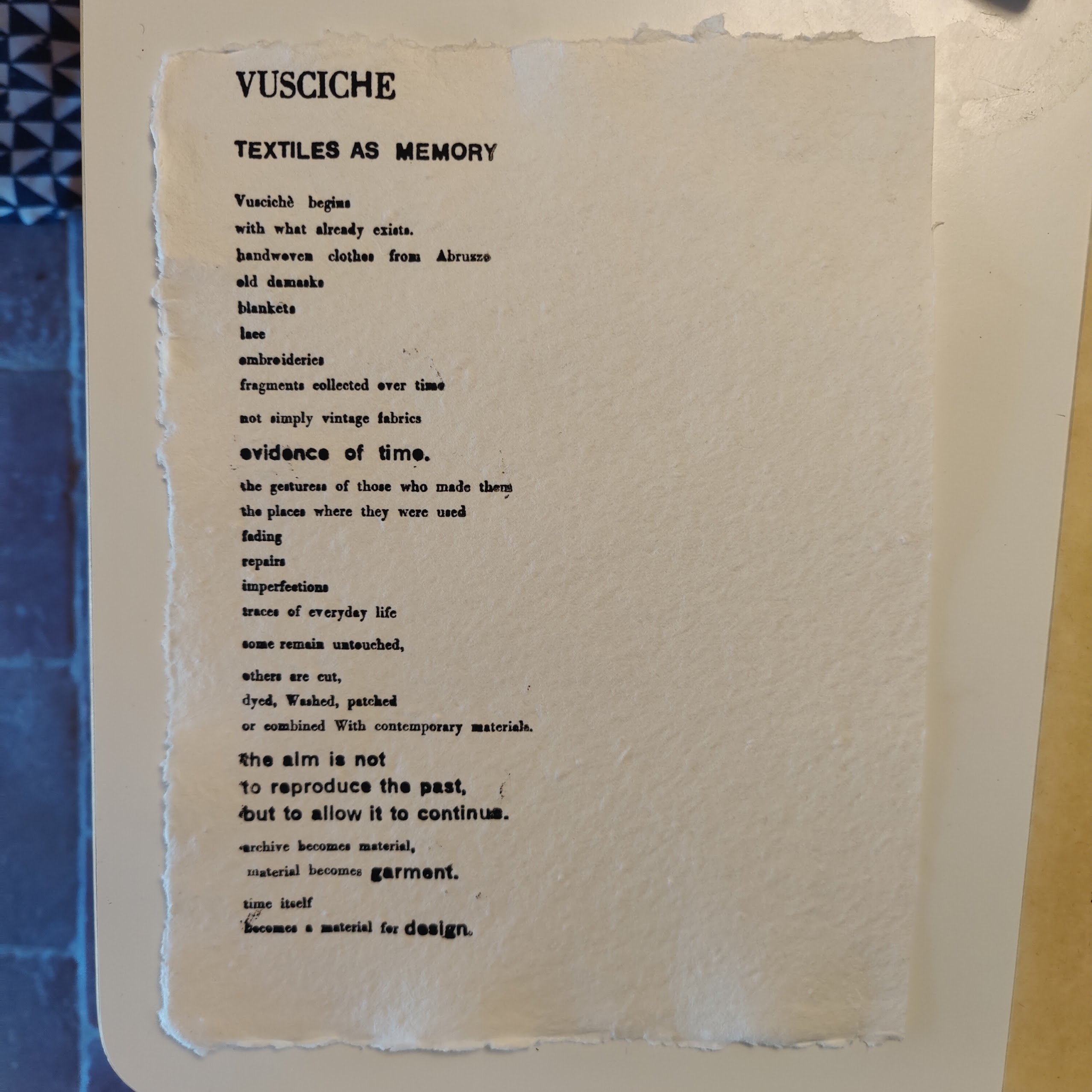 Vuscichè text printed using Bodoni 14 point and Bastone Nero 24 point